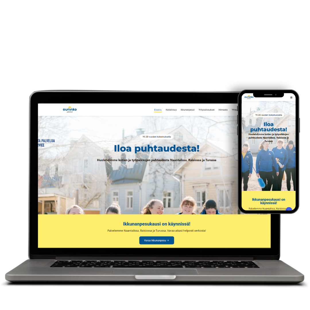 AURINKOPALVELUT: uudistetut verkkosivut tietokoneella ja puhelimella